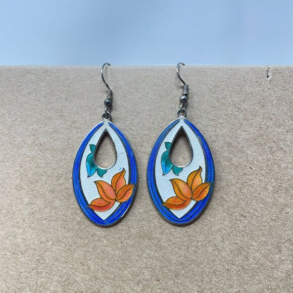 Vintage‎ Cloisonne Earrings Floral Enameled Metal Drop Boho Bohemian Earthy - Picture 1 of 7